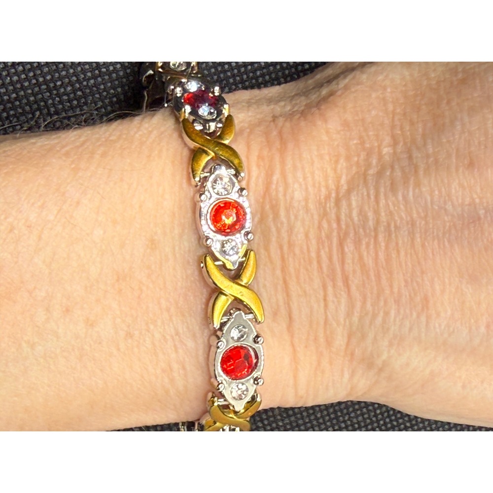 Two Tone Red Crystal Magnetic XO Link Bracelet Gold Silver Tone Hugs and Kisses